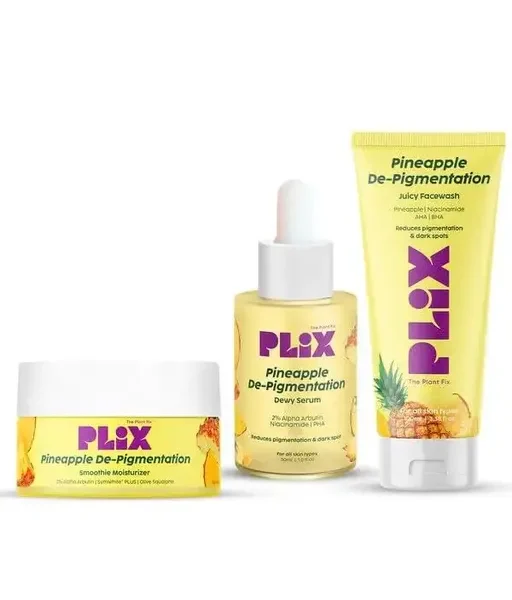 PLIX Pineapple Pigmentation Skincare Kit For Dark Spot Removal | Cleanser, Face Serum and Moisturizer Combo With 2% Alpha Arbutin For Women & Men, Pack of 3
